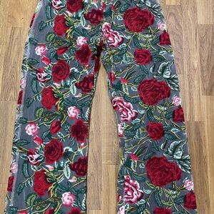 Floral Embroidered Boot Cut Pants - Red on Gray